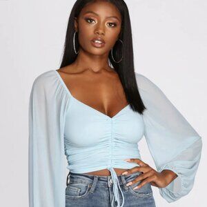 Windsor Emory Park Float On Balloon Sleeve Mesh Crop Top Light Baby Blue Ruched